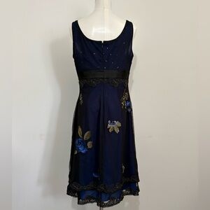 ADRIANNA PAPELL Black Mesh Embroidered Dress, Peek-a-boo Royal Blue Lining Sz 10